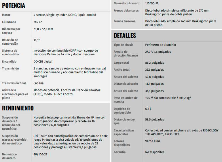 kx 250f especificaciones